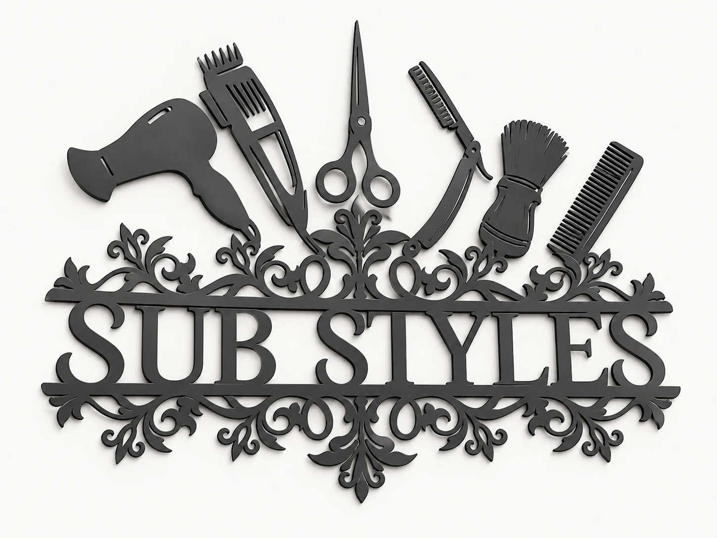 A black SUB Styles wall sign decorated with scissors, combs and salon tools.