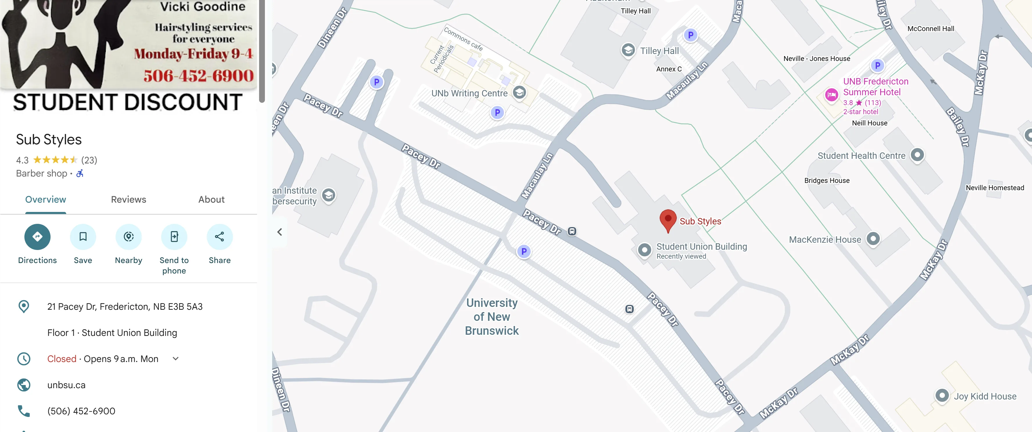 Map showing the SUB Styles location pin at the Student Union Building on 21 Pacey Drive in Fredericton.